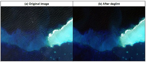 Example deglint applied to bands 2, 3 and 4 of Sentinel 2 scene over
a reef in northern Palau. Band 8 was used as the glint reference band.